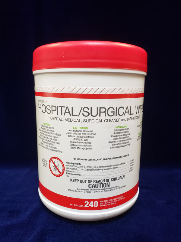 Hospital/Surgical Wipes: white cylinder container with red top